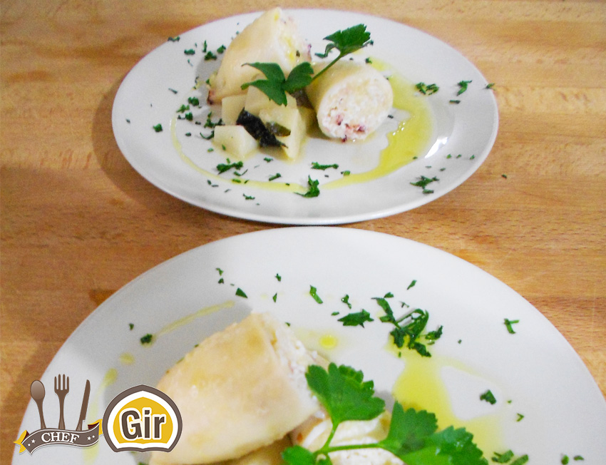 Calamari farciti di ricotta, cous cous e limone con topinambur trifolato