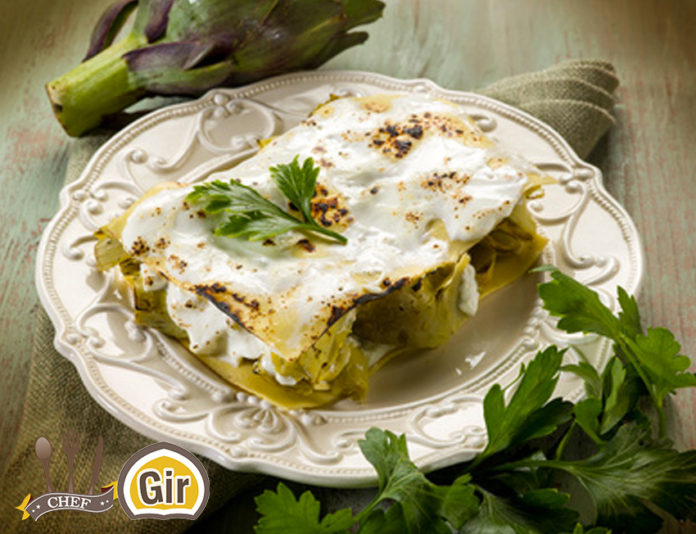 lasagna con fonduta di formaggio e carciofi